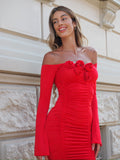 Abito con rose scollo a barca rosso