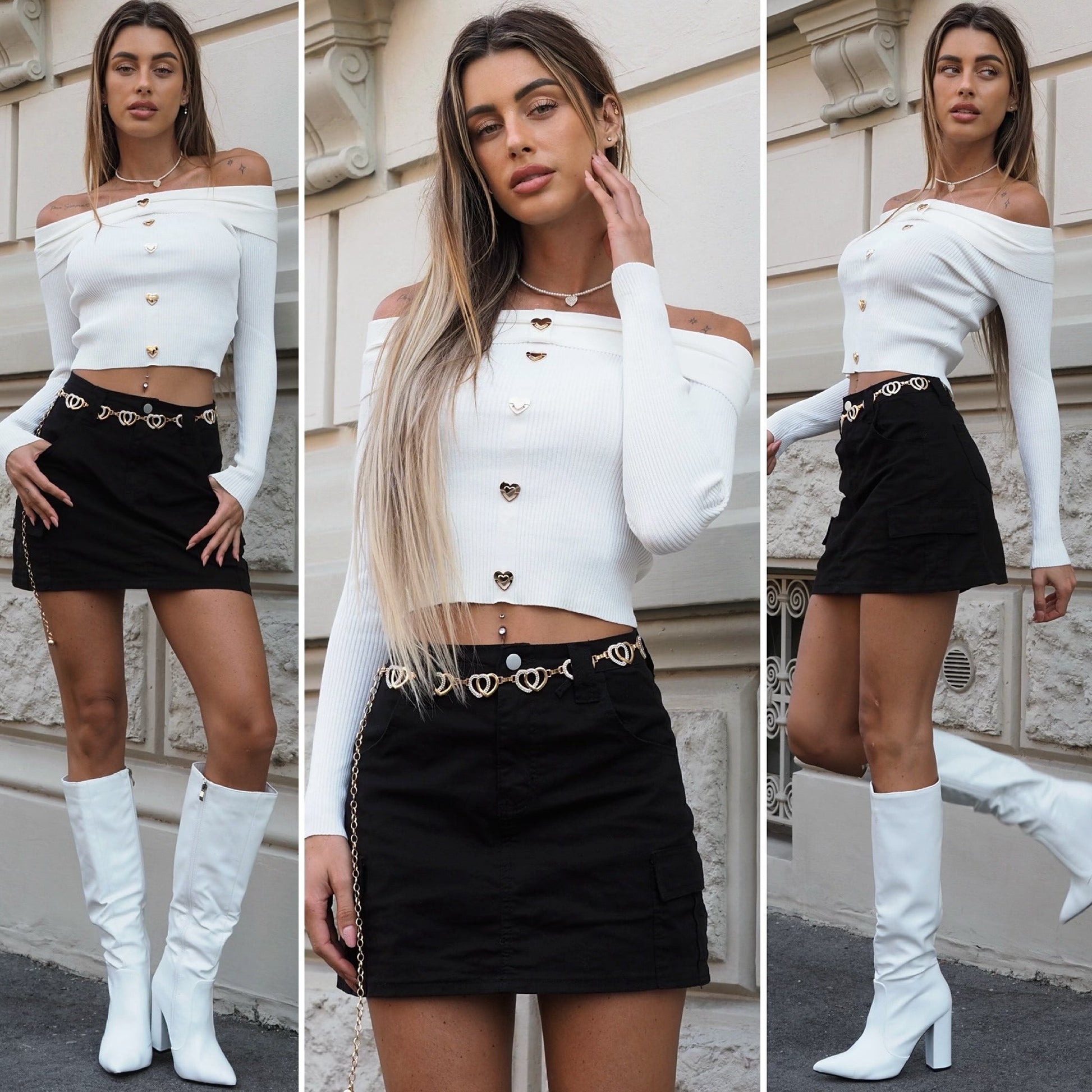Maglioncino bianco scollo a barchetta con cuori