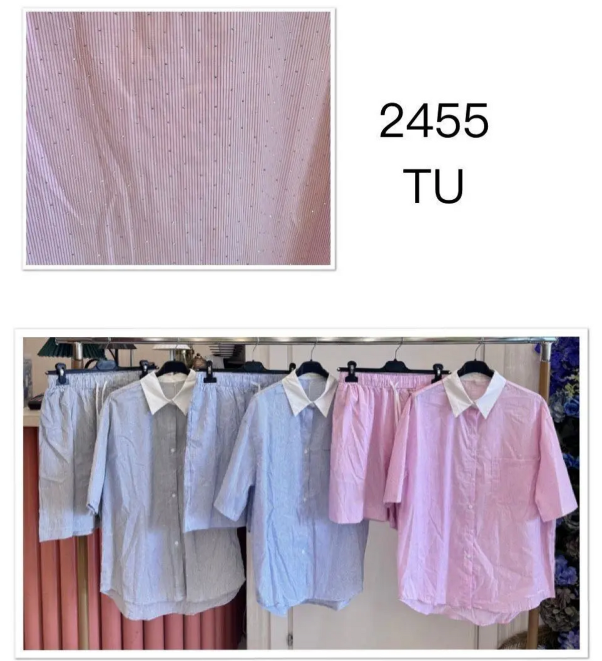 Completo camicia e short con strass celeste