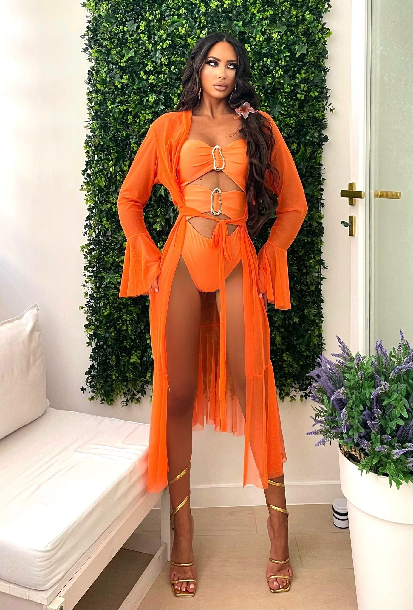 Costume intero con gioiello sul davanti arancio