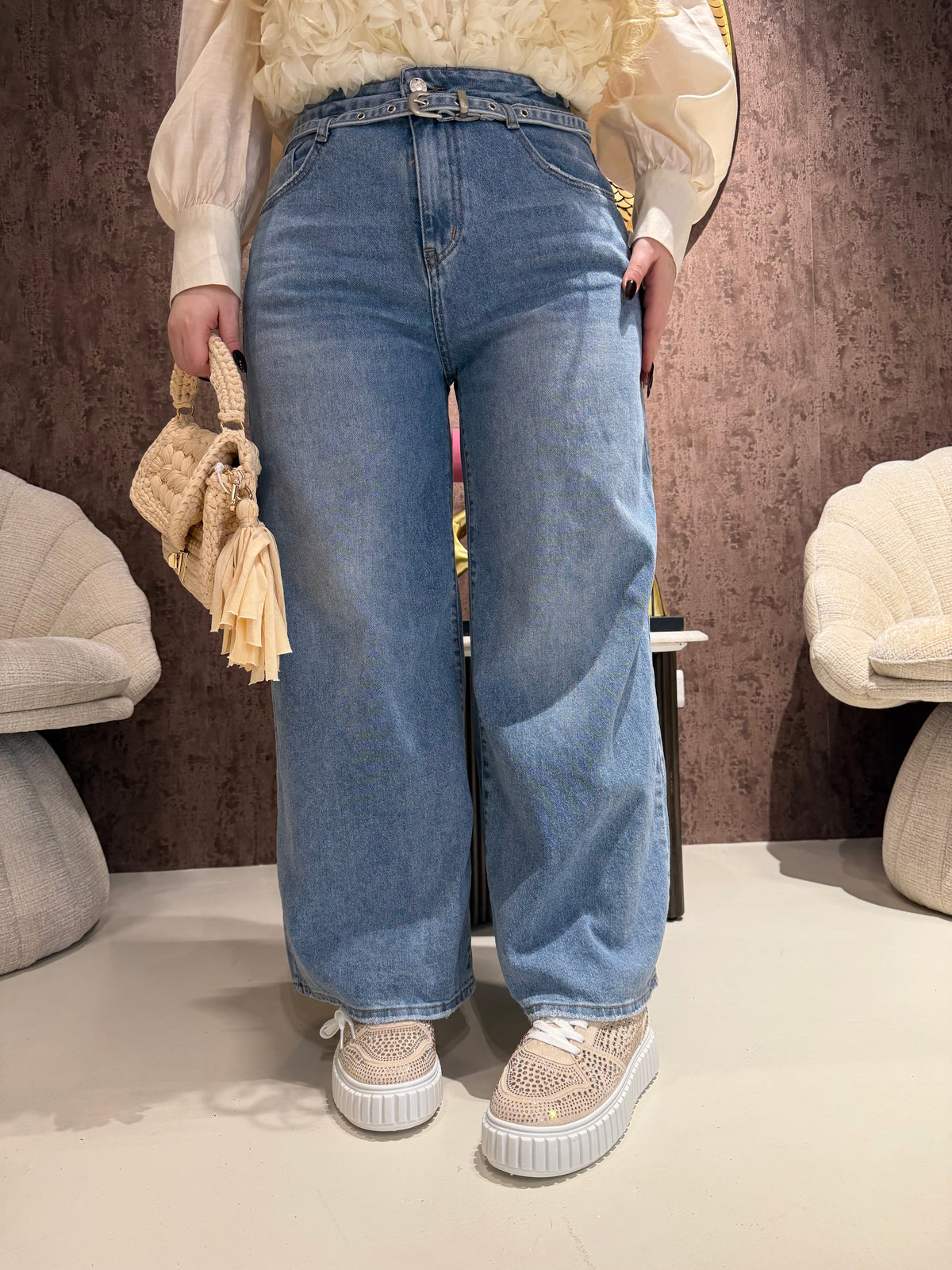 Jeans Wide Leg con Cintura Integrata