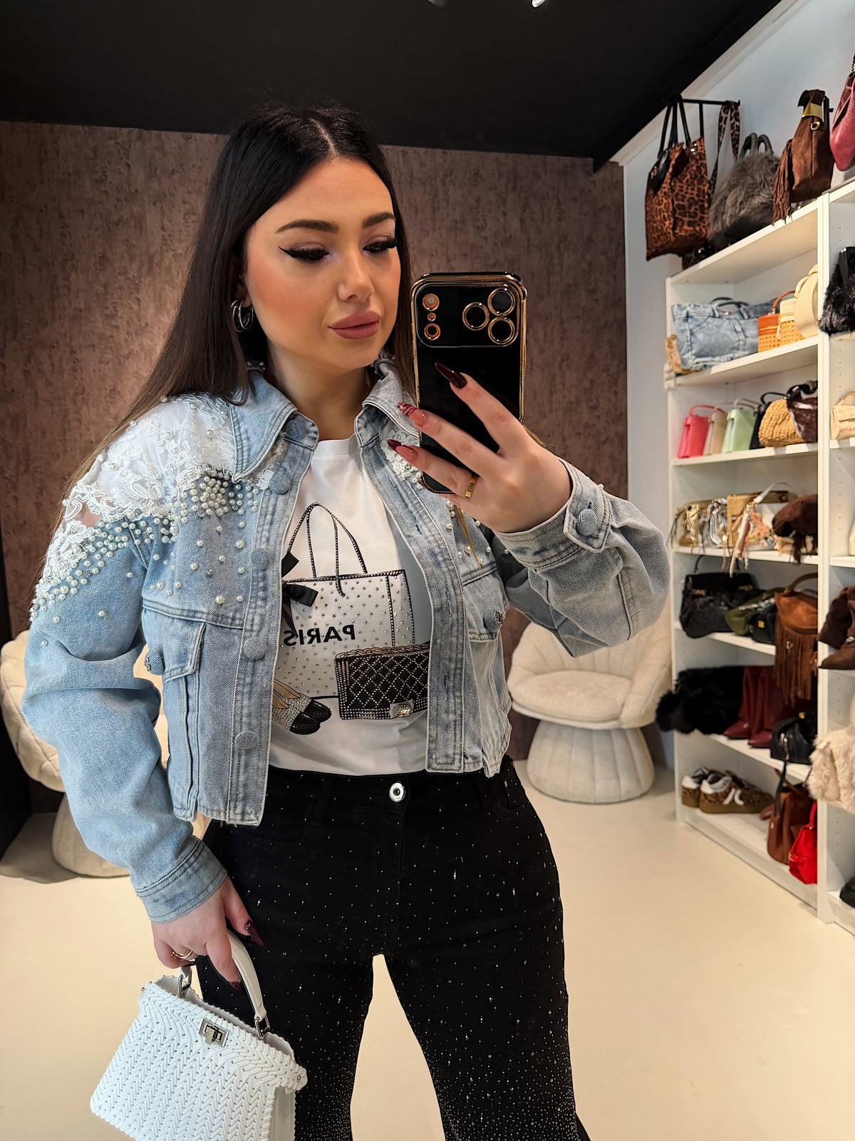 Giacca Denim Pearl Lace Cropped