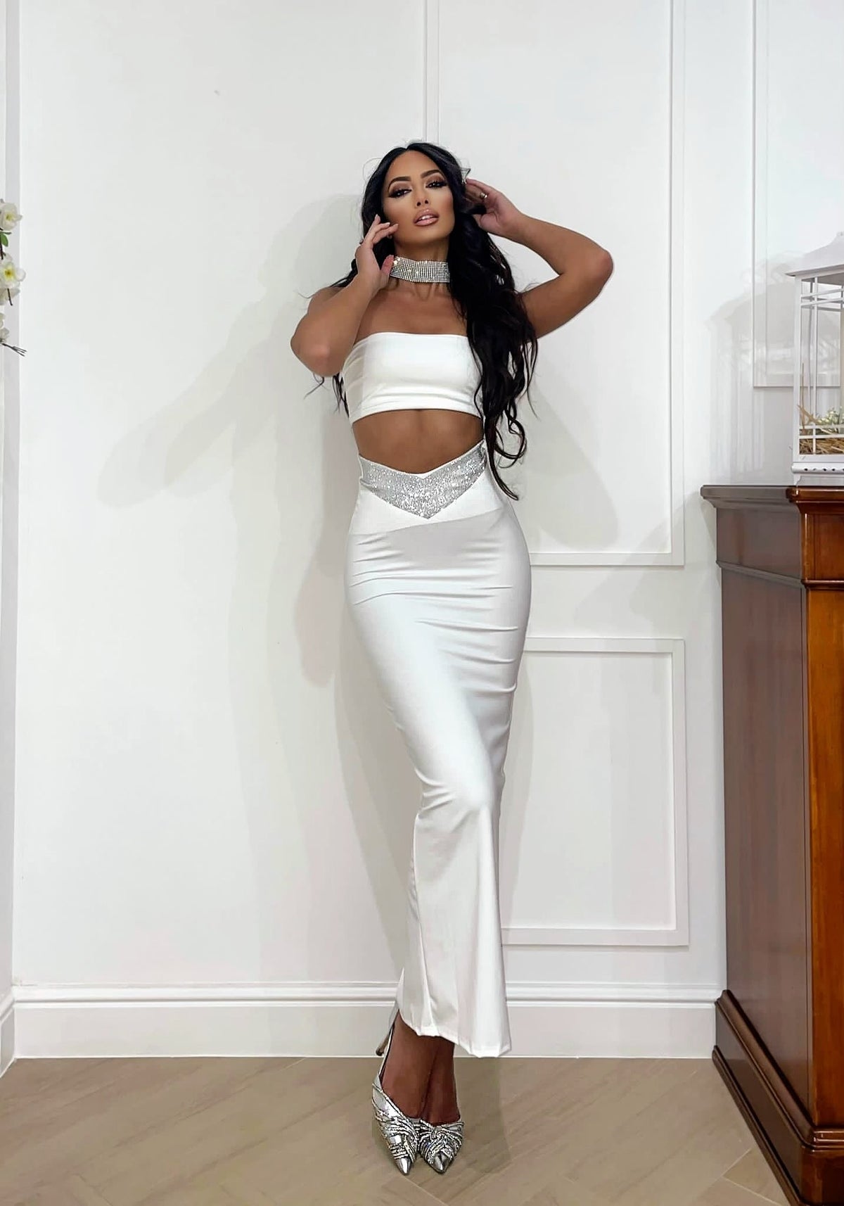 Completo top e gonna bianco con strass