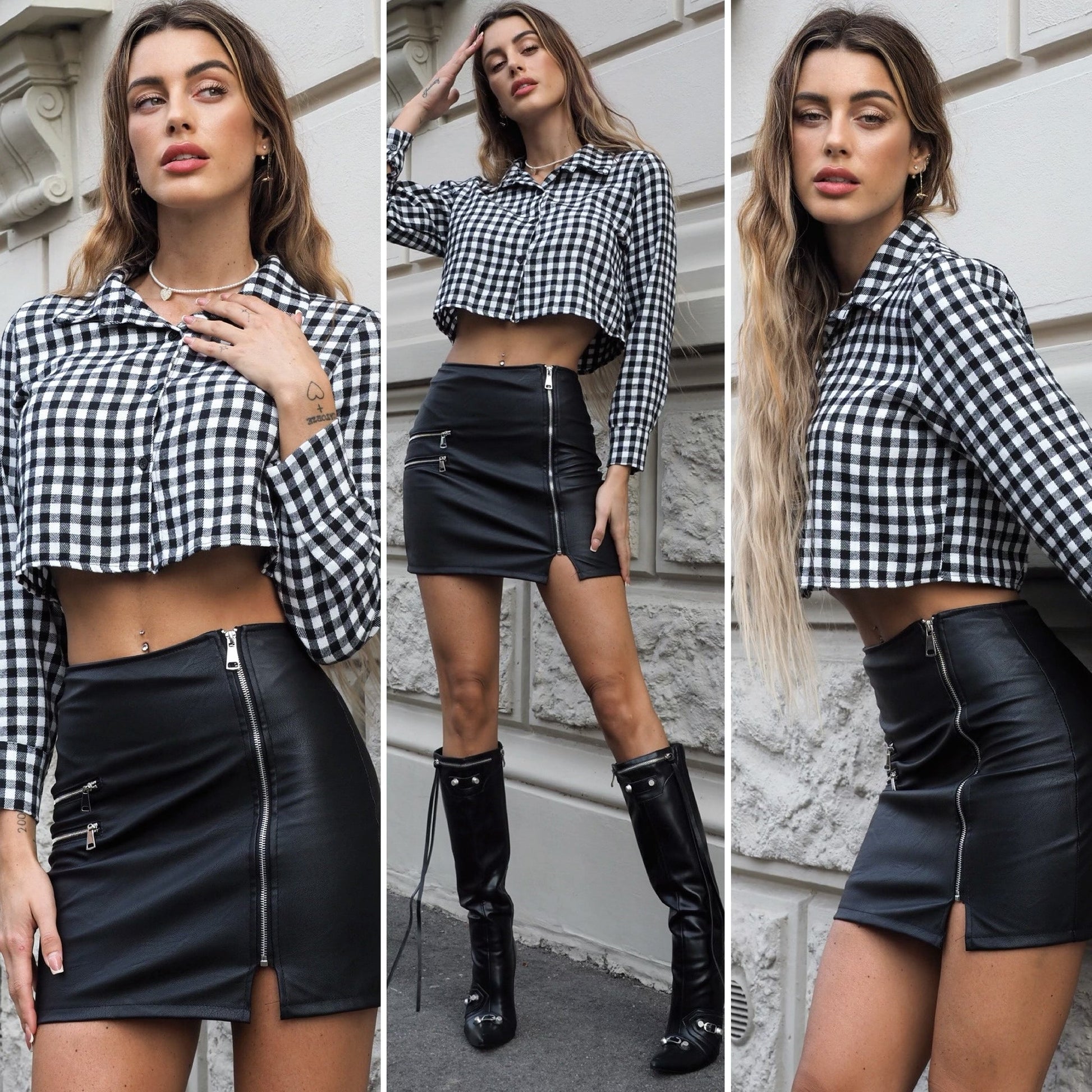 Camicia crop a quadri bianco nero