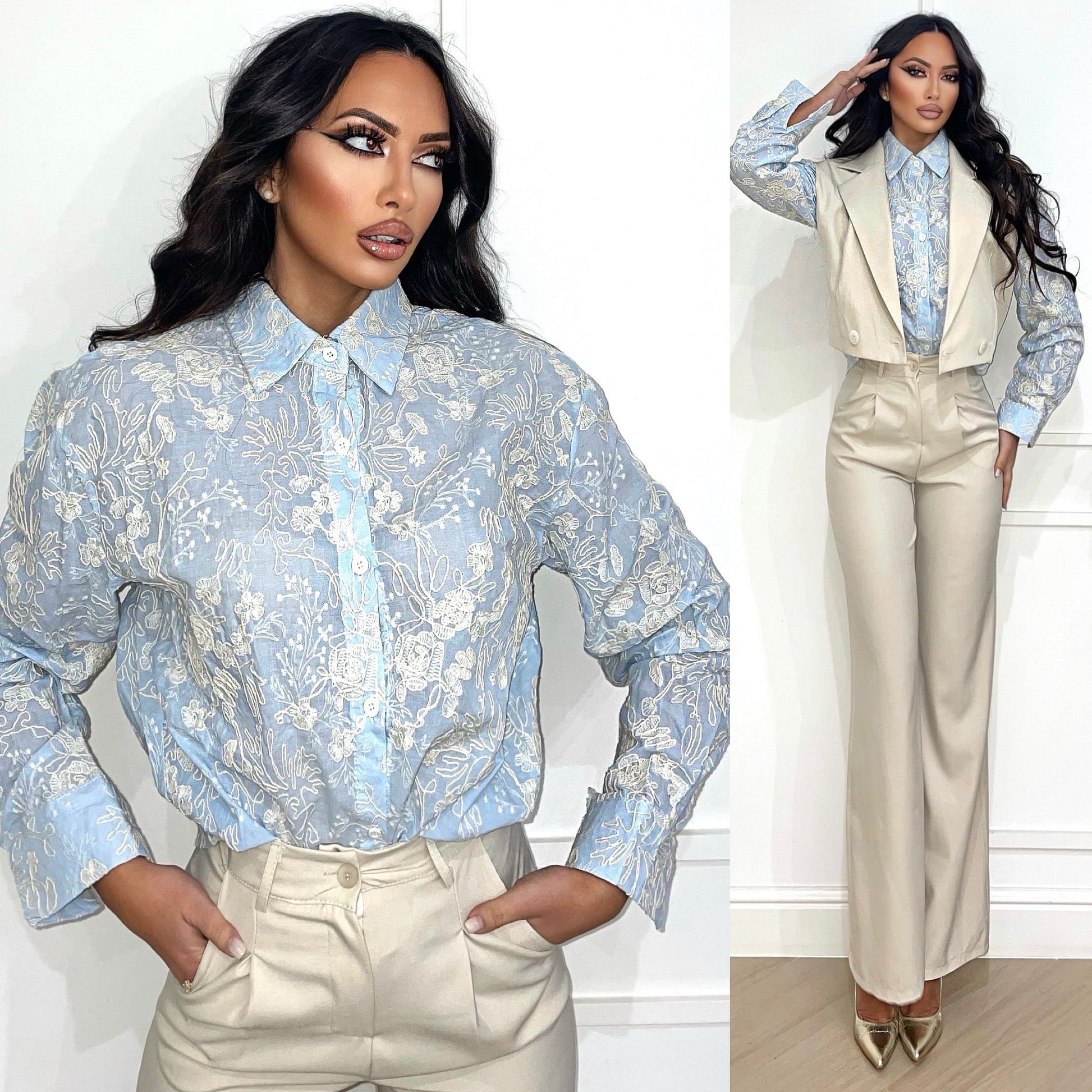 Camicia con ricami celeste