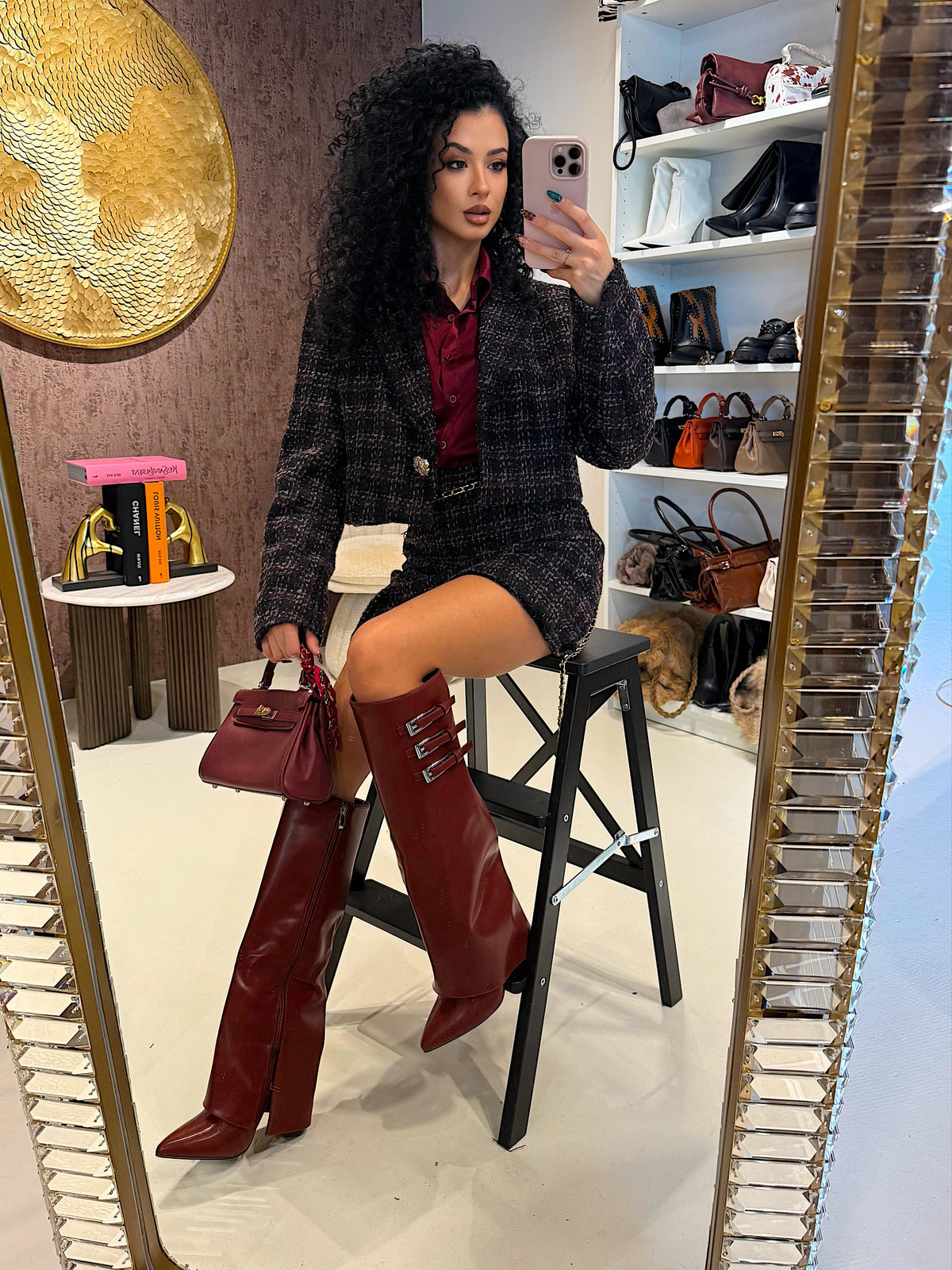 Completo in tweed nero bordeaux