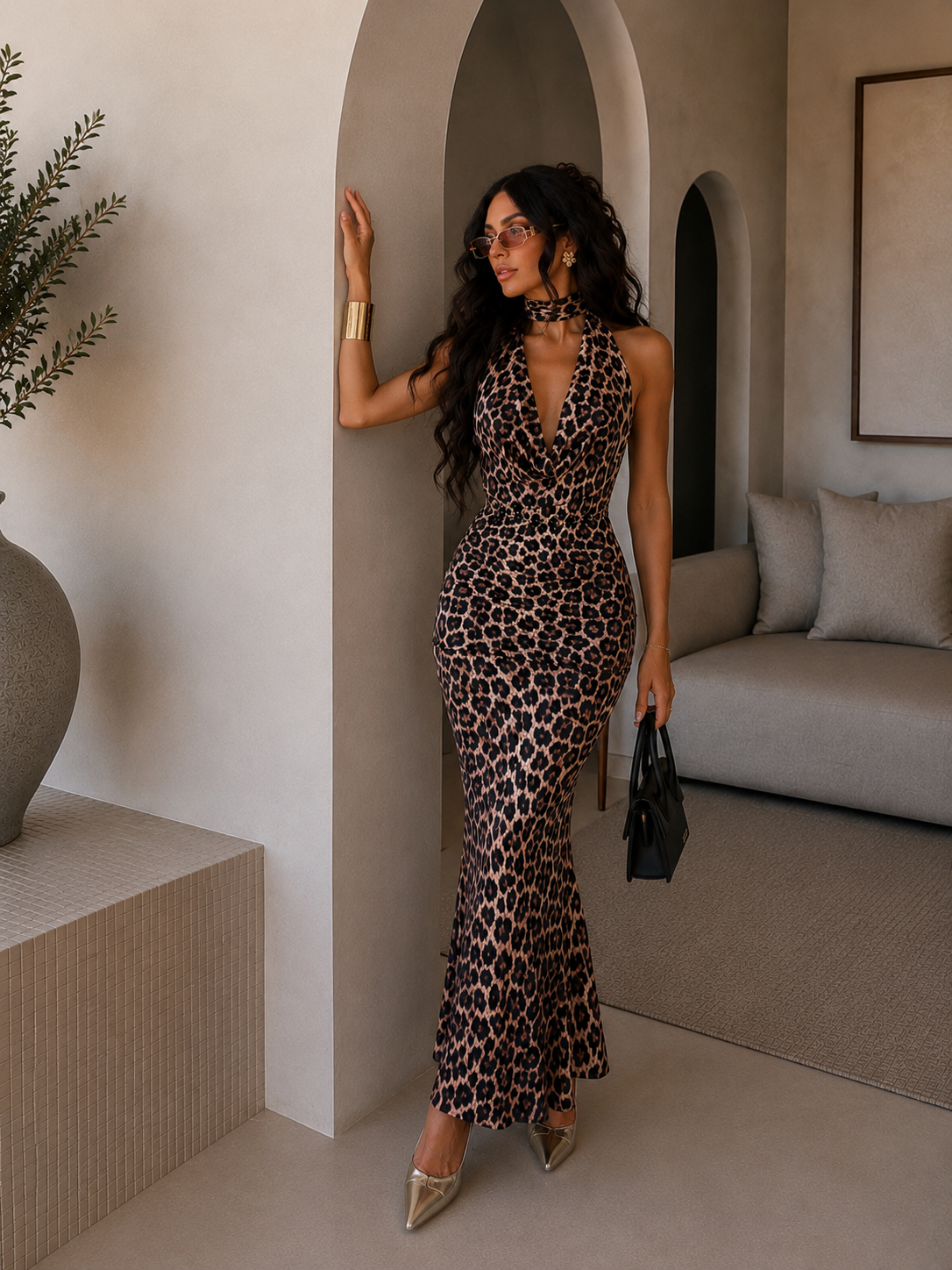Abito animalier con laccio e scollo