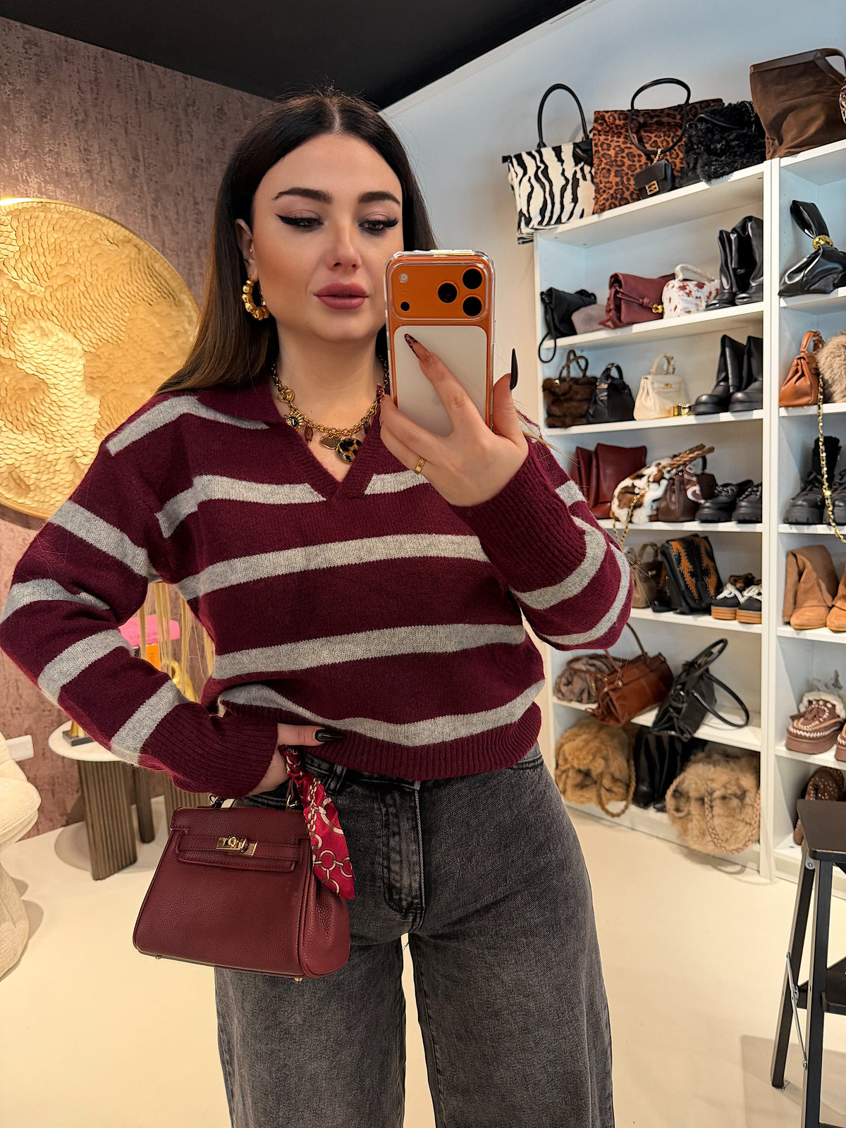 Maglione a righe bordeaux grigio