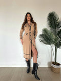 Cardigan lungo camel e nero con cintura