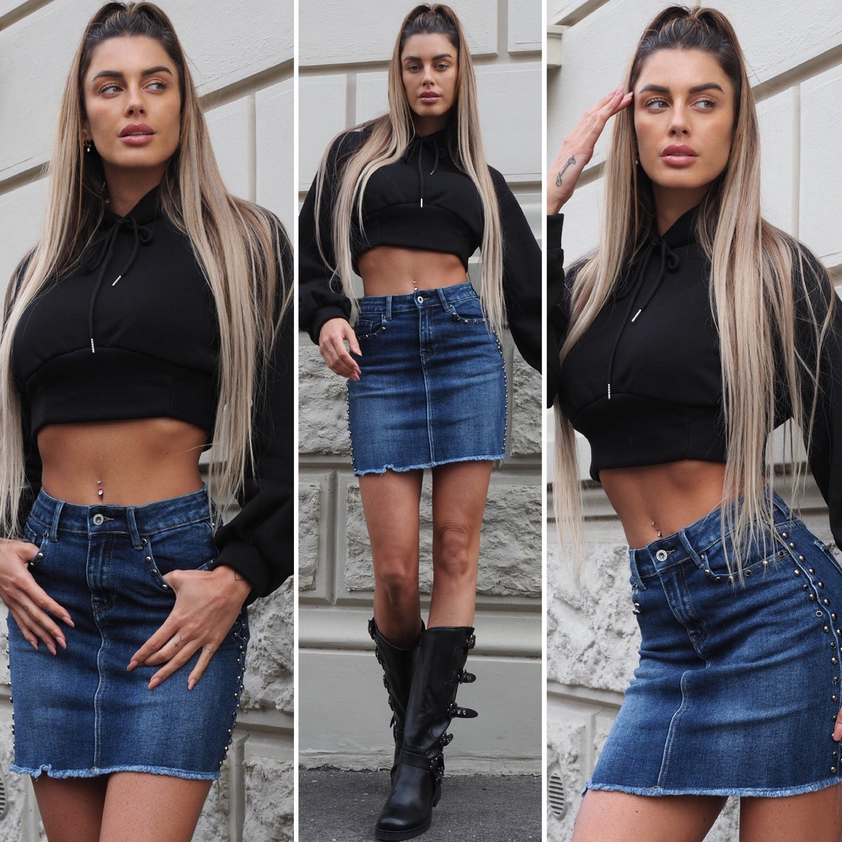 Felpa crop nera con lacci
