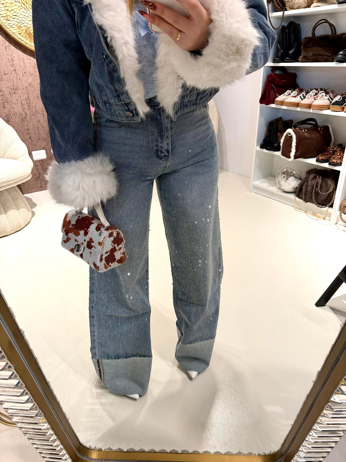 Jeans con risvolto e strass