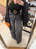 Jeans Grigio a Zampa Larghissima Effetto Vintage
