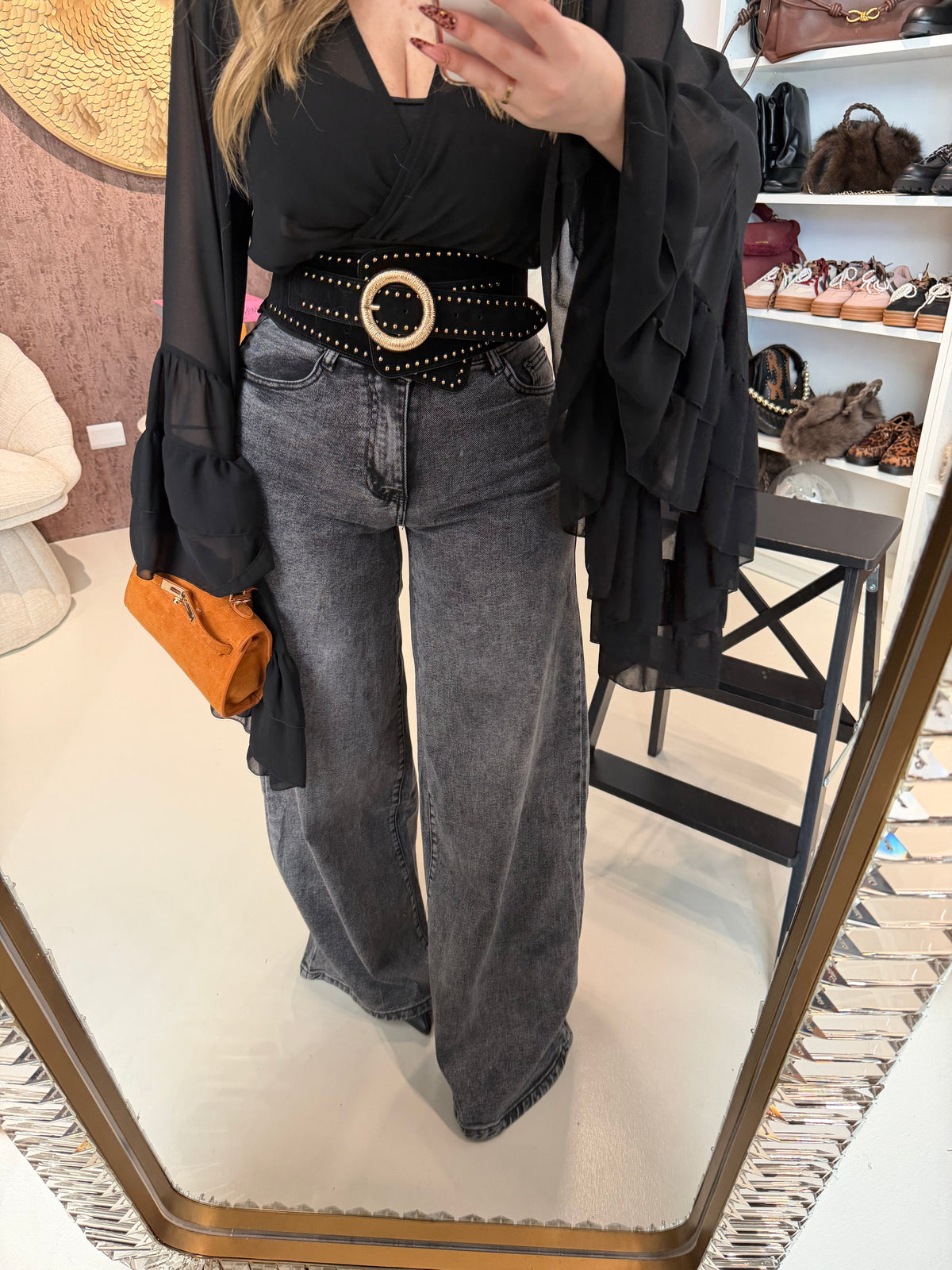 Jeans Grigio a Zampa Larghissima Effetto Vintage
