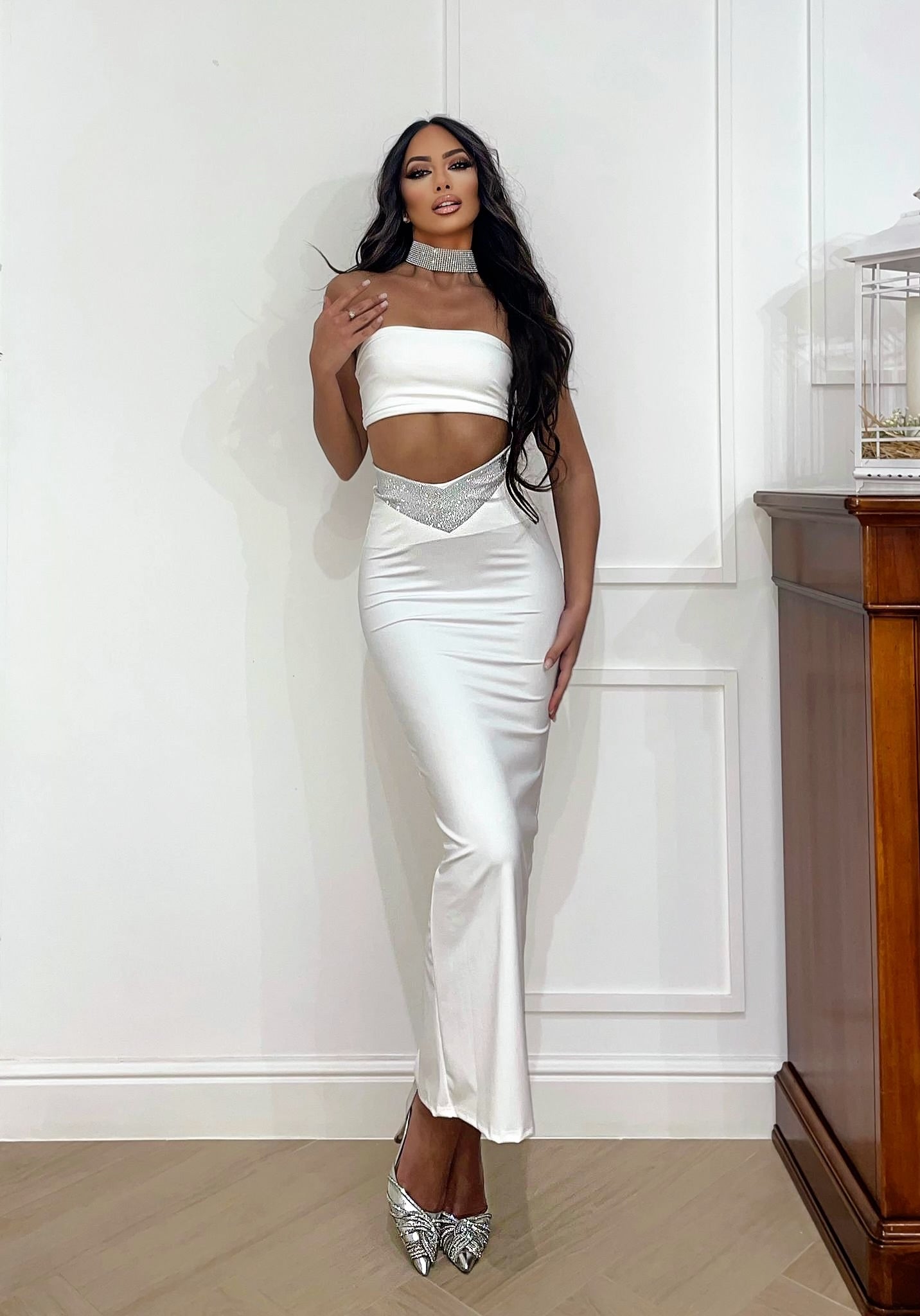 Completo top e gonna bianco con strass