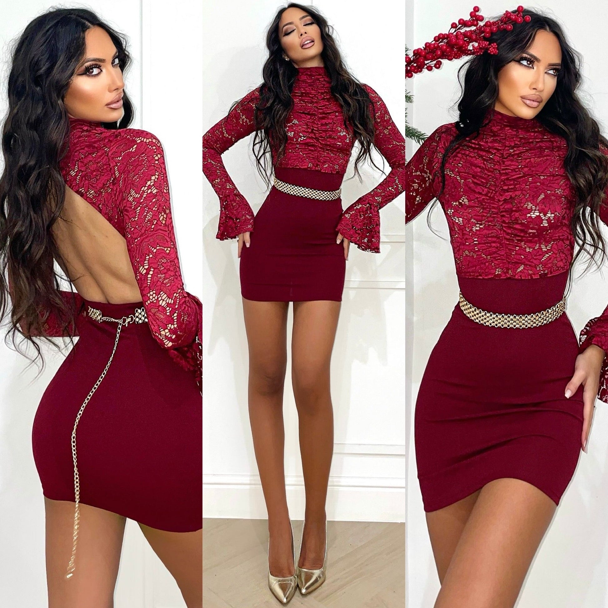 Abito bordeaux in pizzo manica ampia