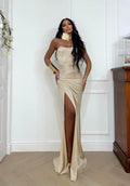 Abito a sirena con push up e incrocio beige