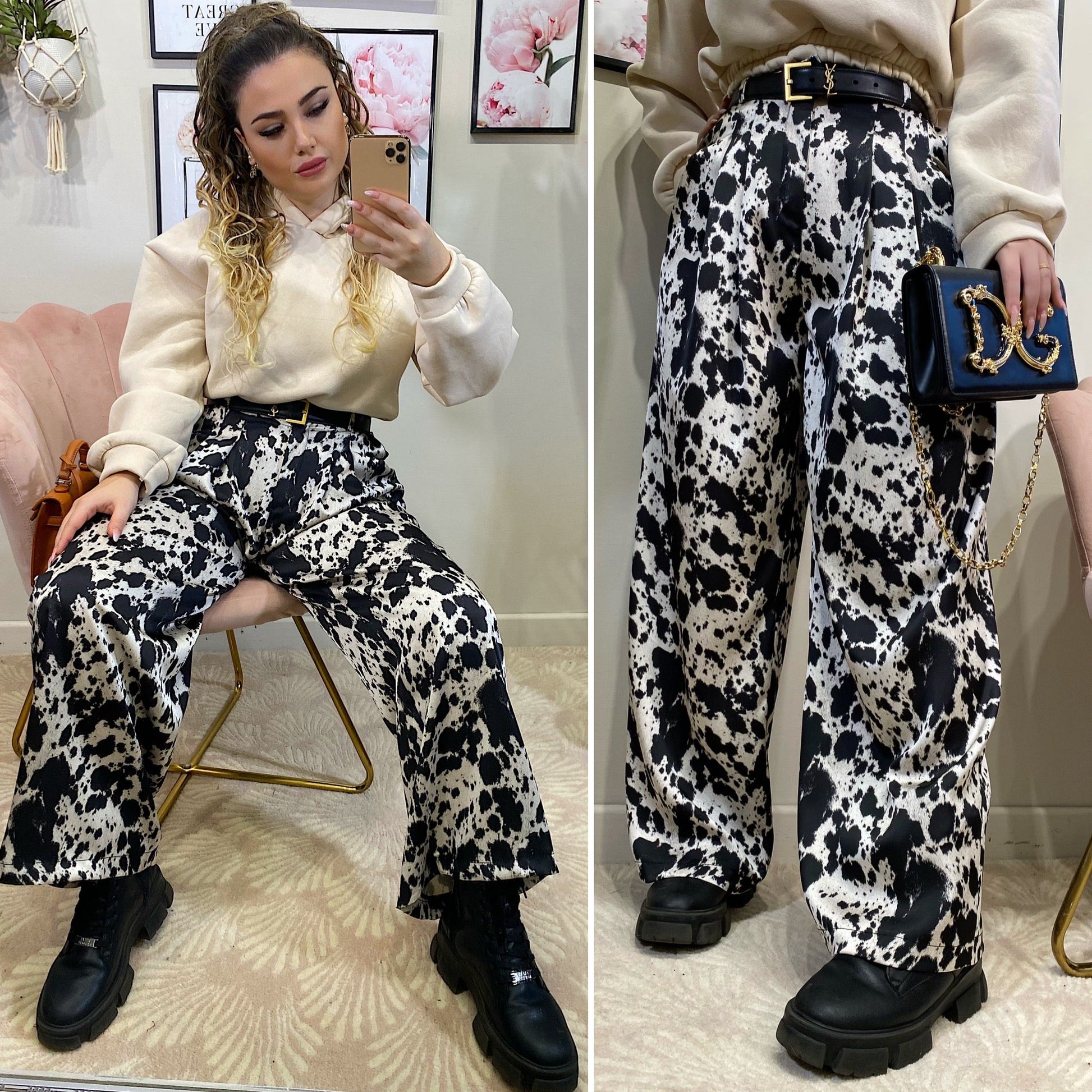 Pantalone in satin bianco nero