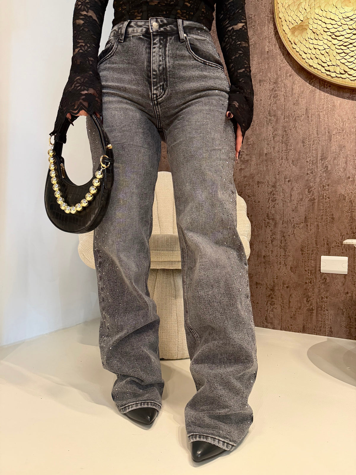 Jeans wide leg con brillantini