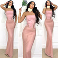 Abito a fascia bustier con gonna in velo cipria