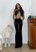 Tuta nero con incrocio e frange in strass