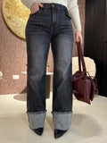 Jeans con risvolto e strass