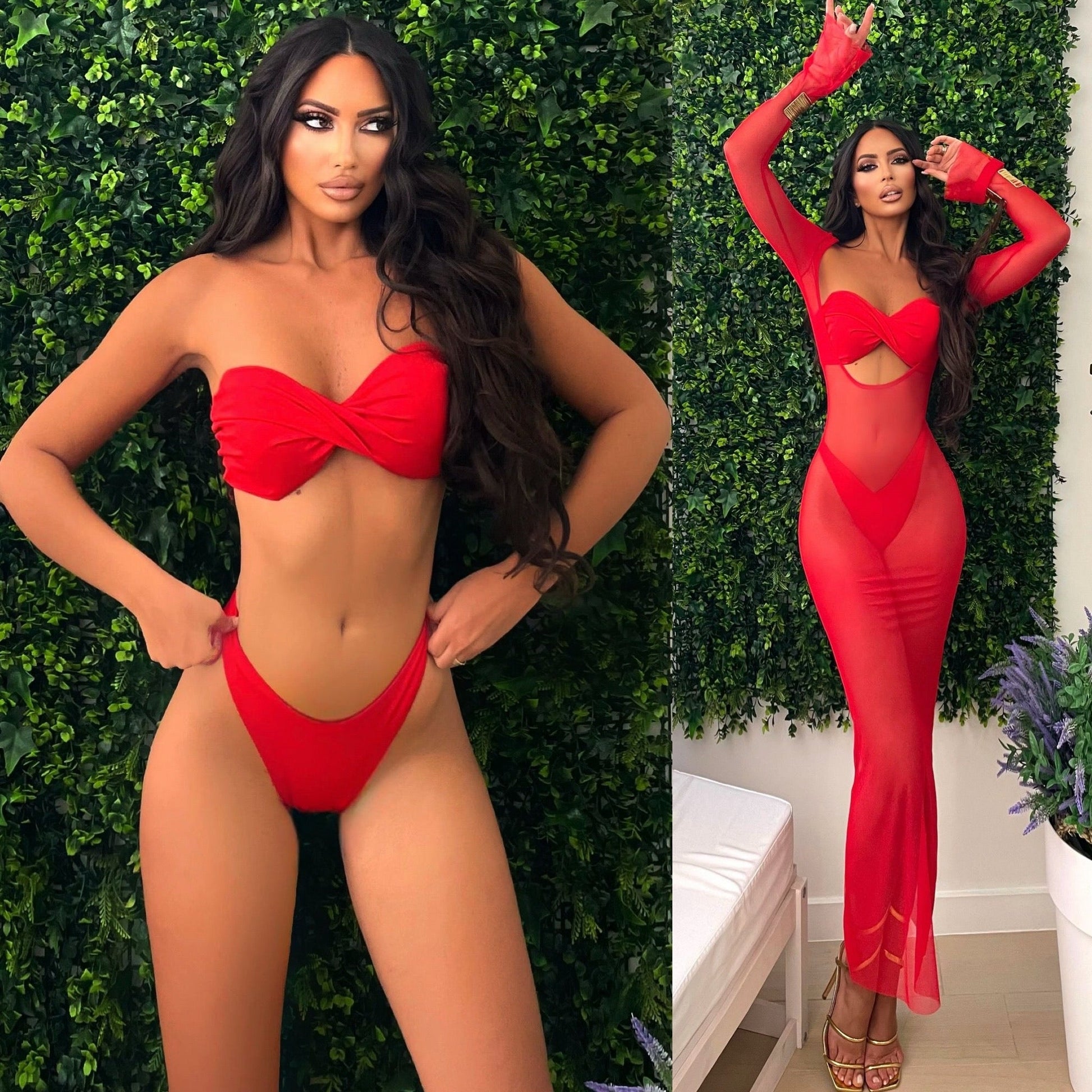 Bikini tre pezzi rosso in velo
