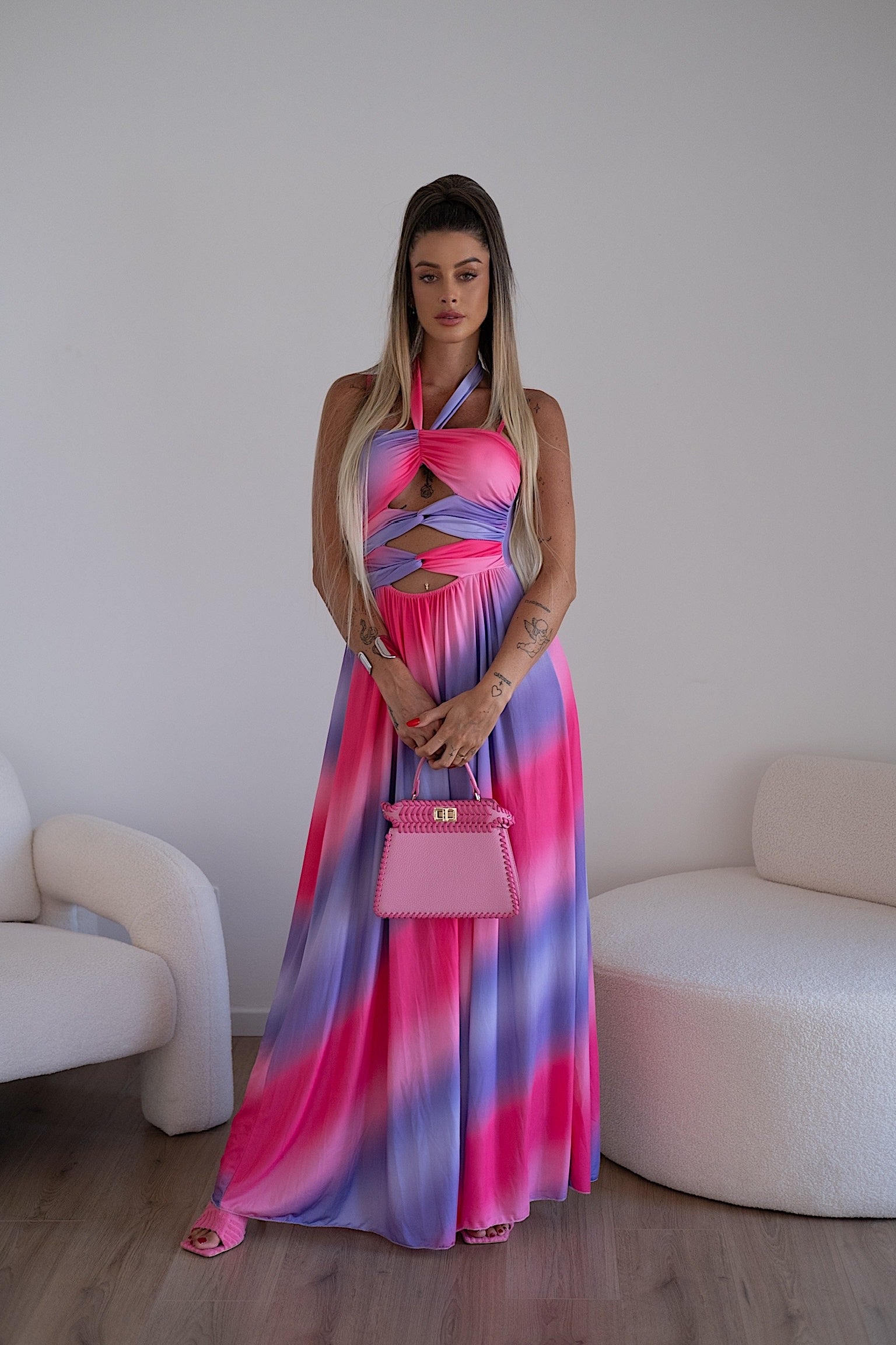 Abito lungo Fuxia azzurro lilla  con incrocio