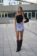 Gonna in jeans con strass e perle