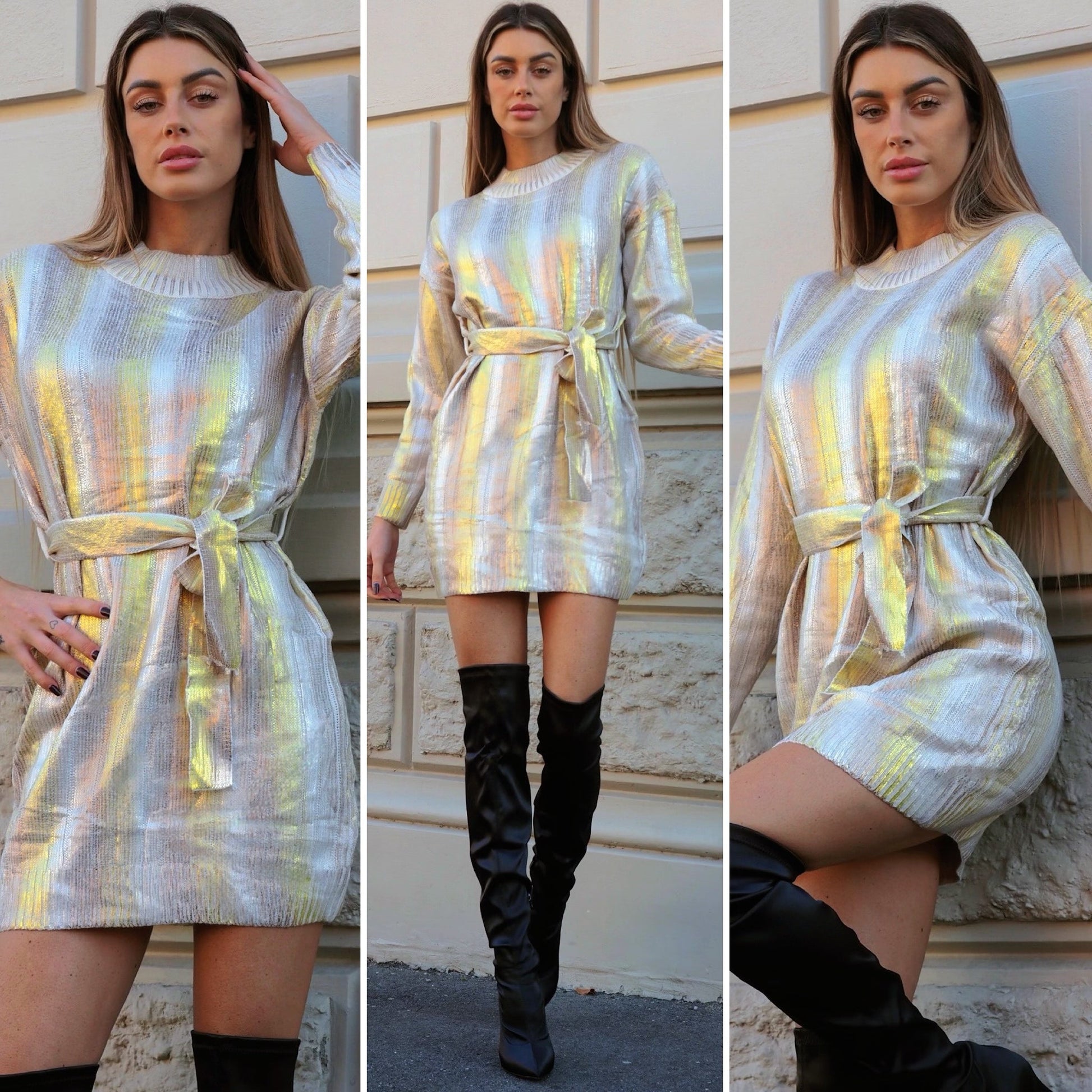 Abito in maglia gold con cintura