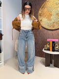 Jeans con risvolto e strass