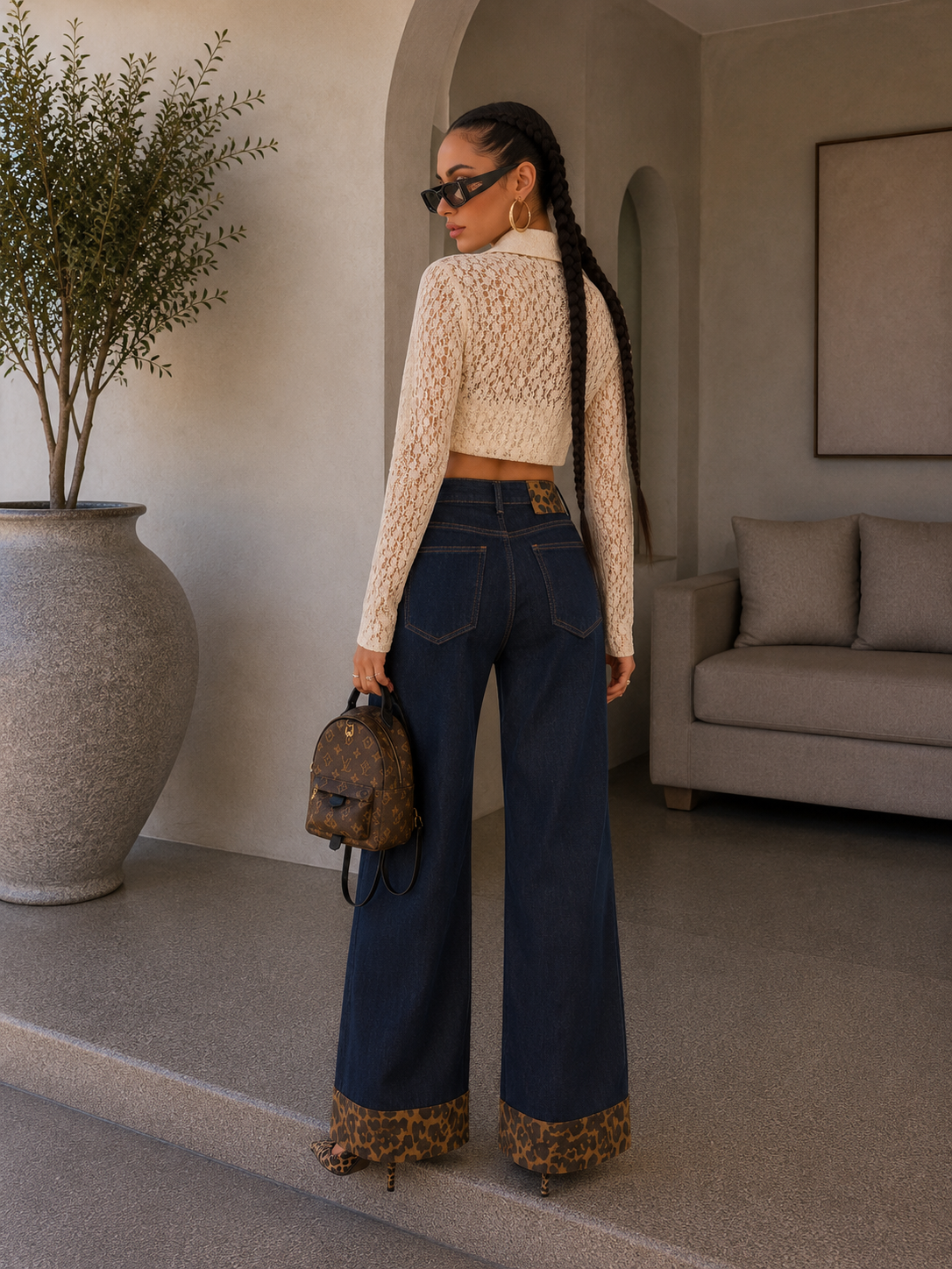 Jeans wide leg con dettagli maculati