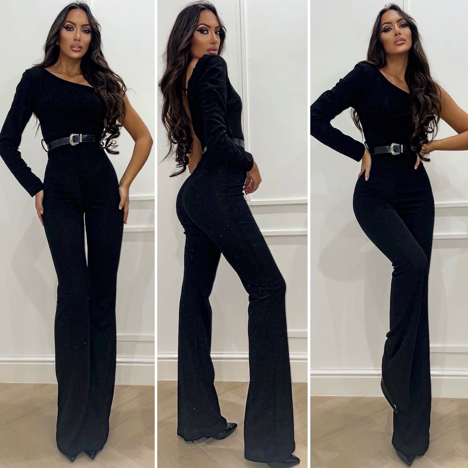 Tuta monospalla nera glitter con cintura