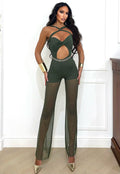 Tuta verde militare con incroci e pantalone con trasparenze