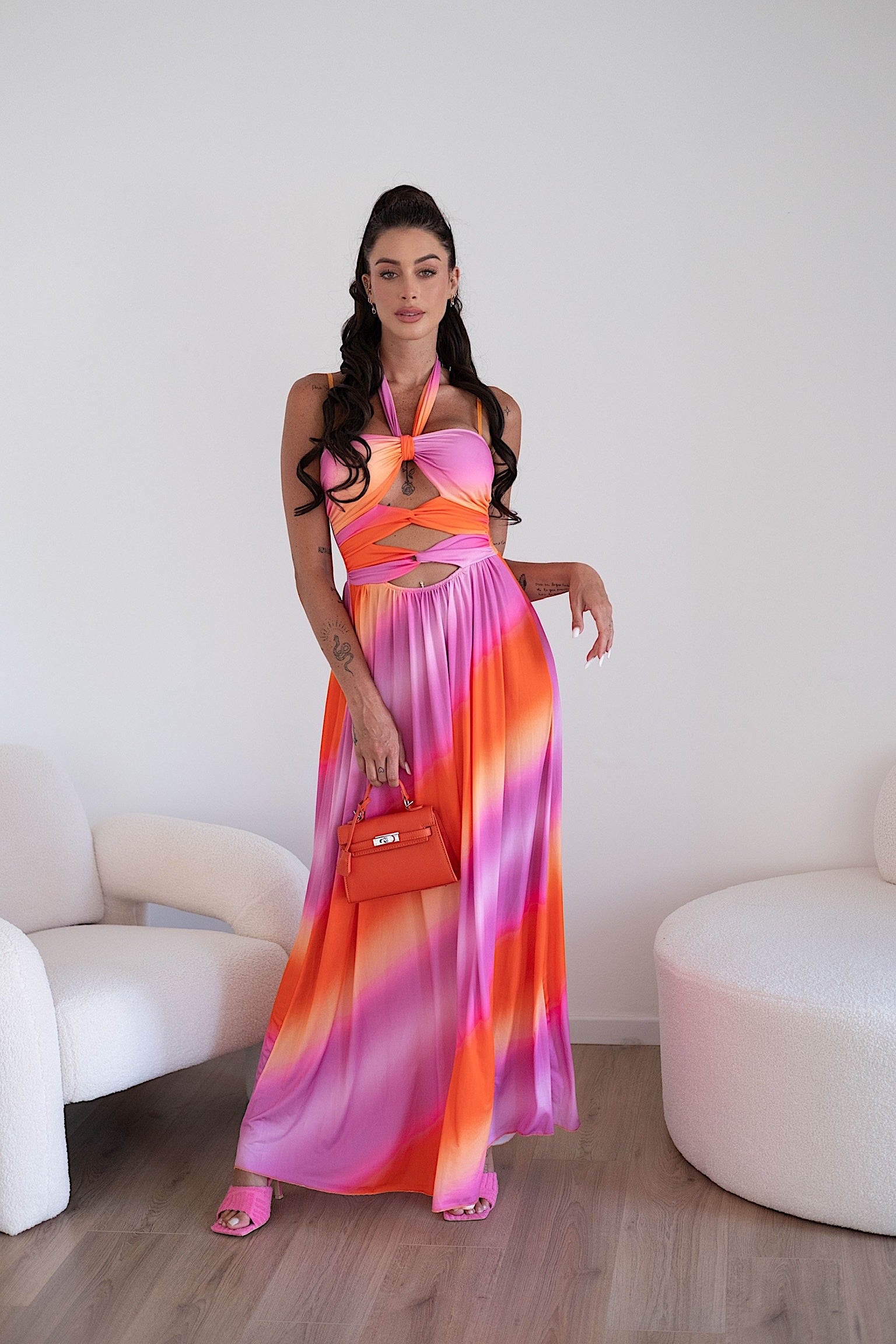 Abito lungo Fuxia arancio con incrocio