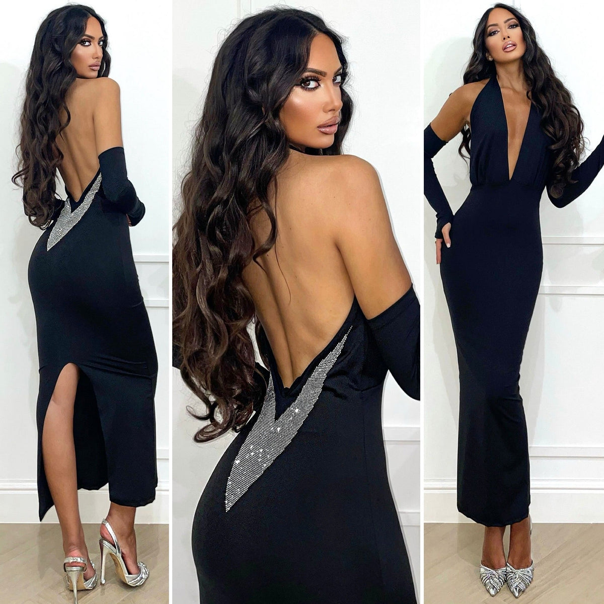Abito lungo schiena nuda e strass