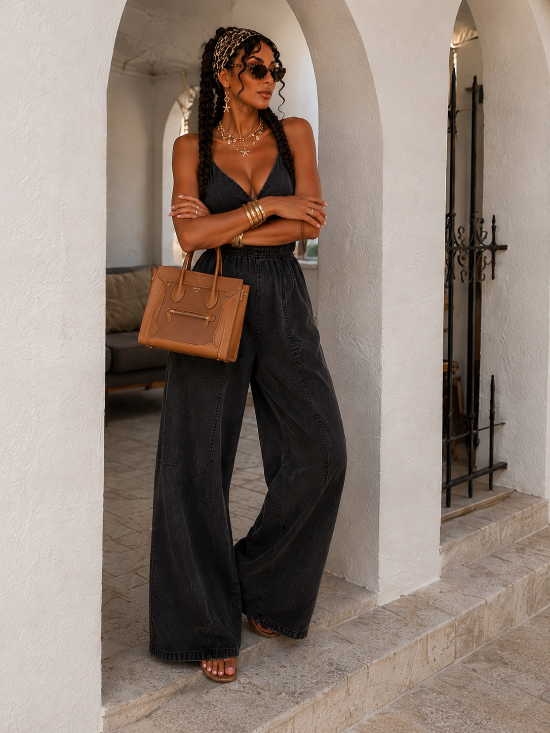 Tuta denim nero elasticizzata con tasche