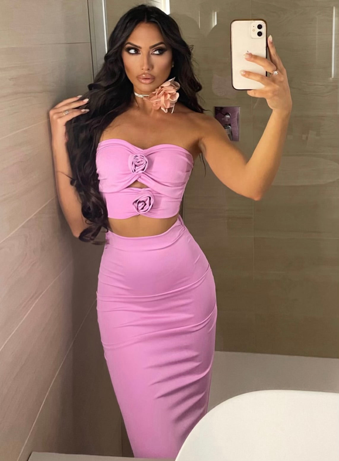 Completo top e gonna con rose rosa barbie