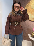 Giacca in camoscio con frange e strass marrone