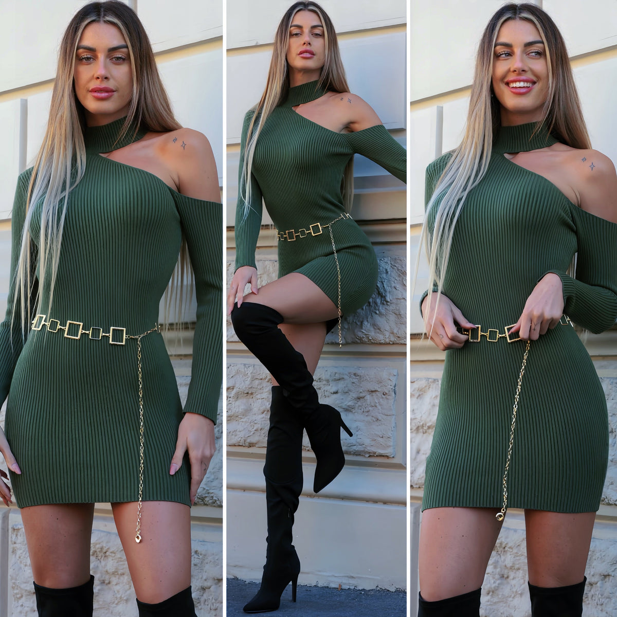 Abito in maglia con spacco verde militare
