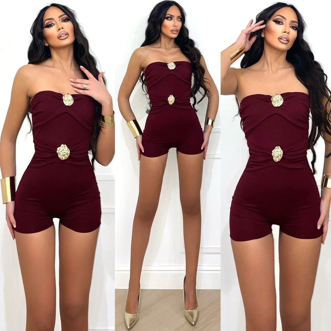 Tutina bordeaux con spille gioiello oro