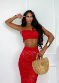 Completo top e gonna in pizzo rosso