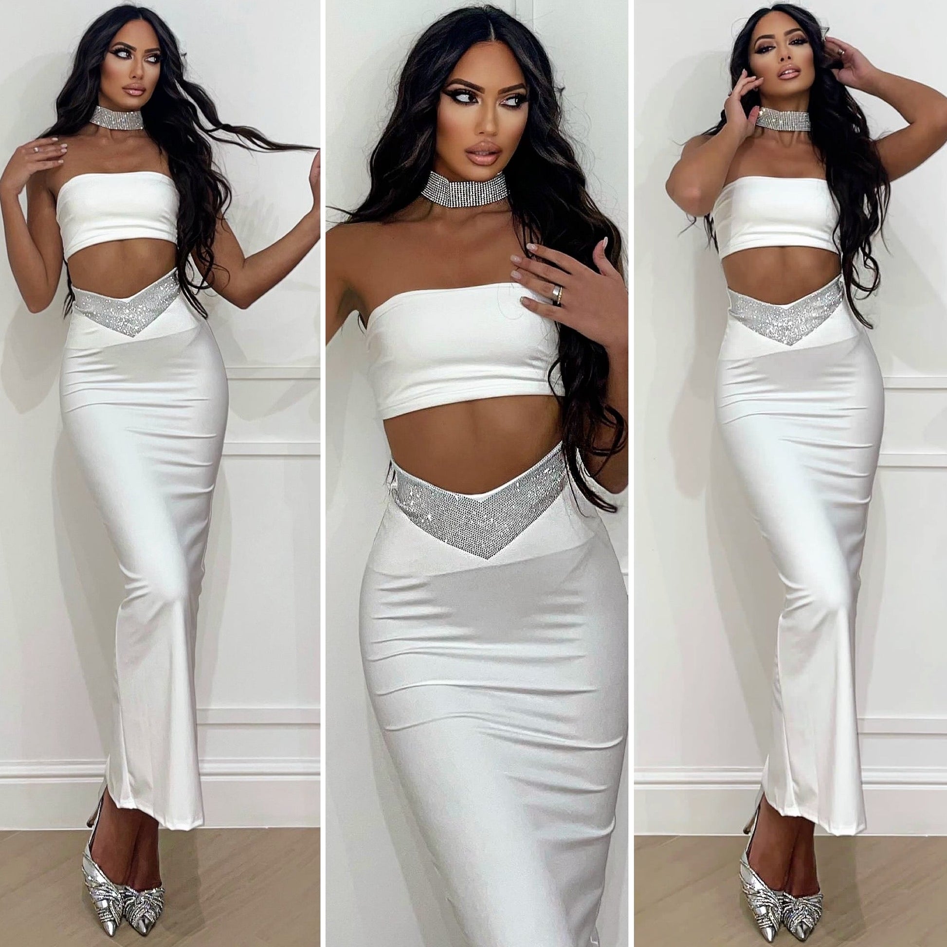 Completo top e gonna bianco con strass