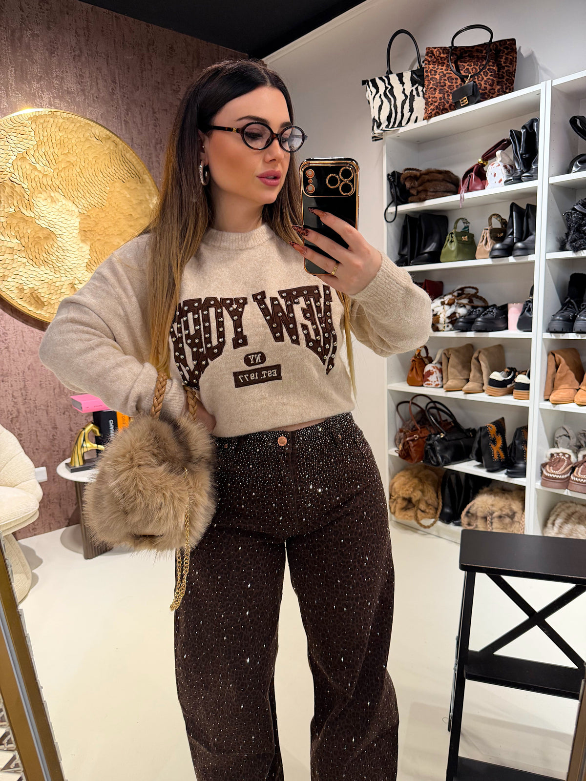 Jeans maculato con strass