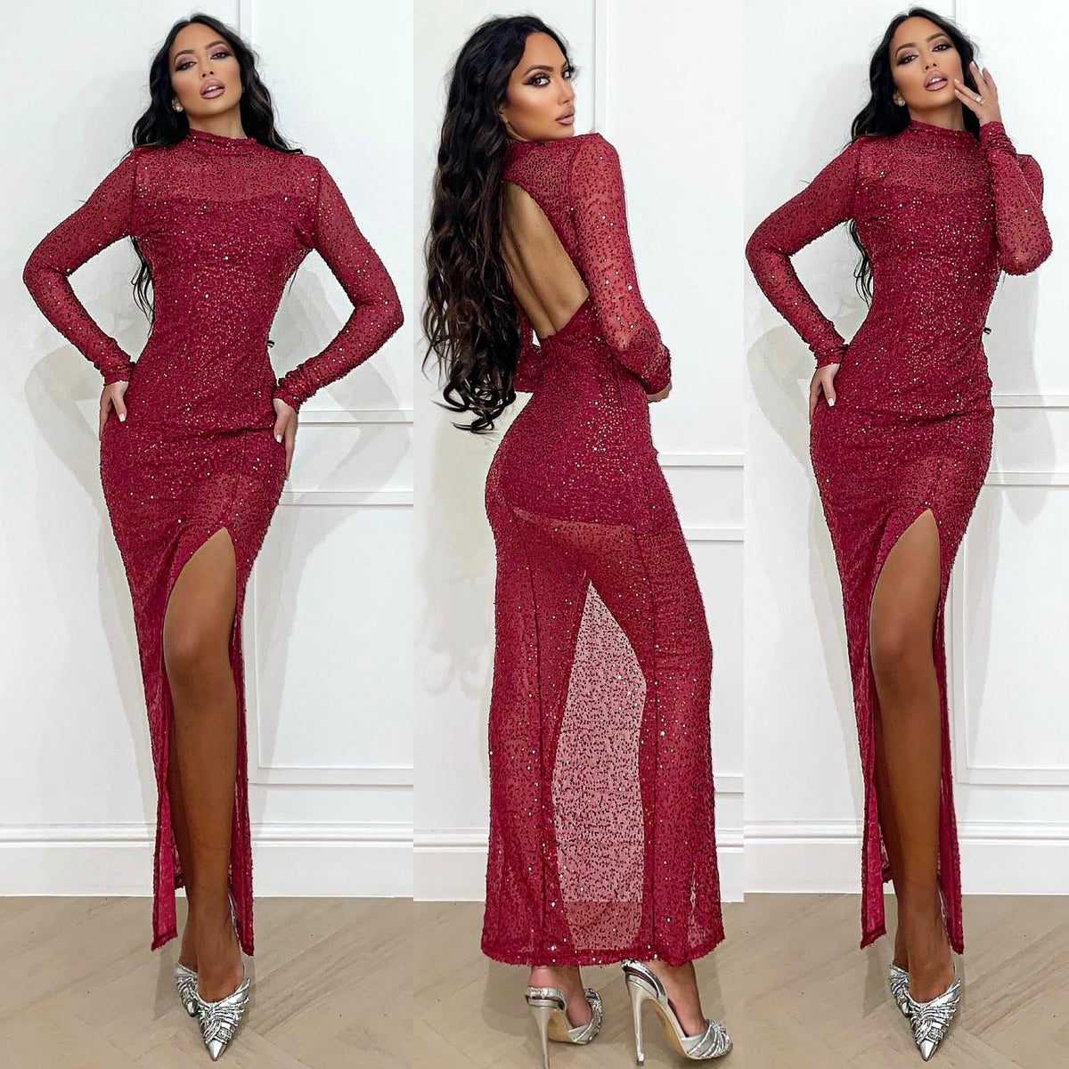 Abito lungo in paillettes bordeaux