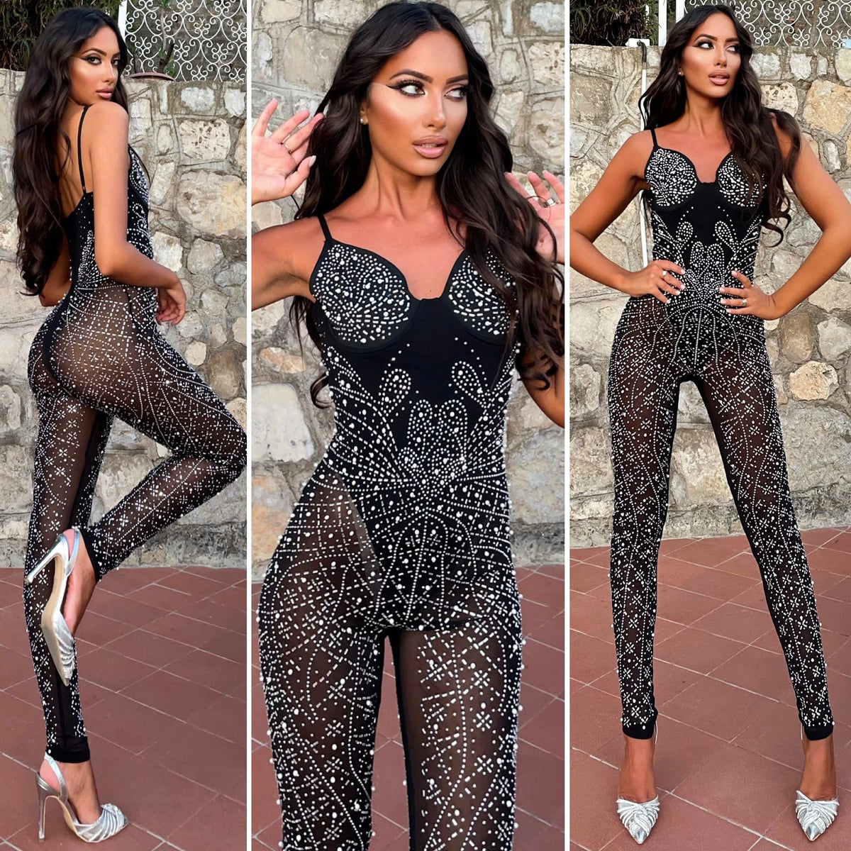Tuta con strass e perle