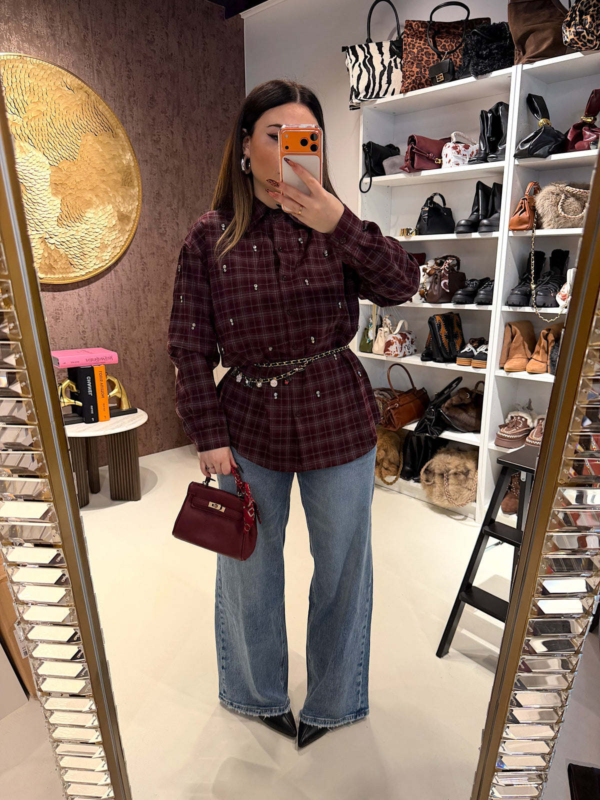 Camicia a quadri bordeaux con strass