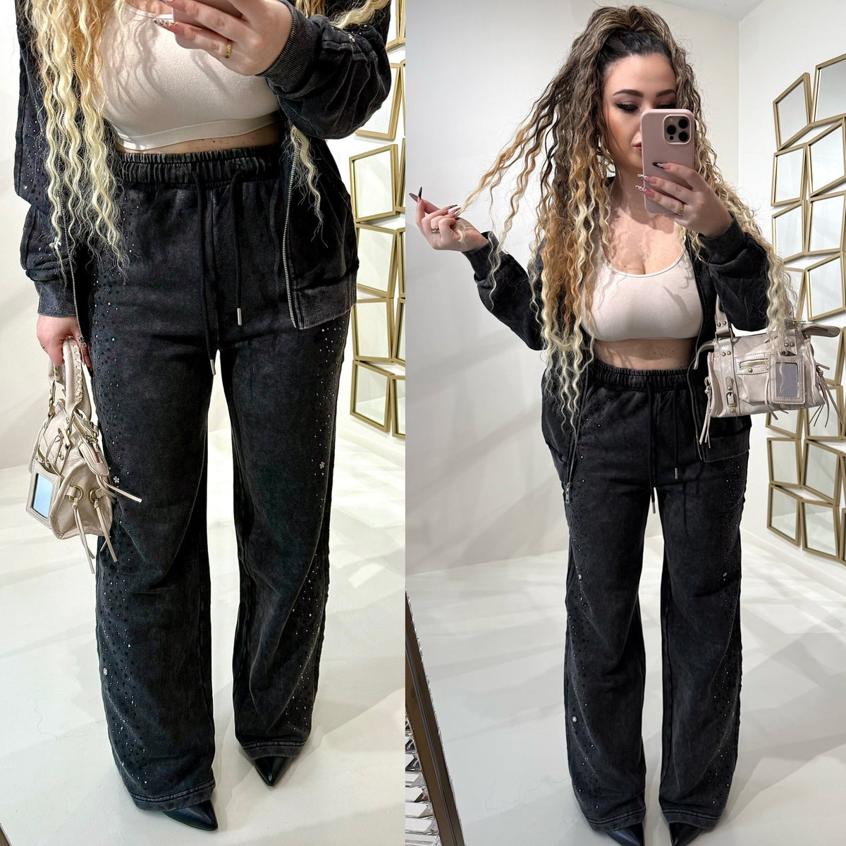 Completo con felpa over e brillantini pantalone a zampa
