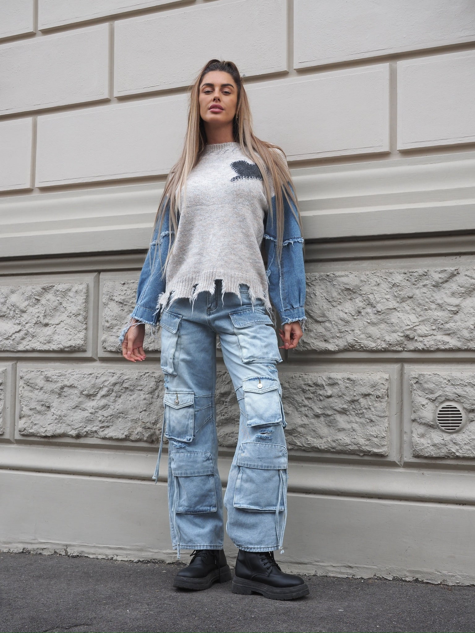 Maglione over con dettaglio in jeans