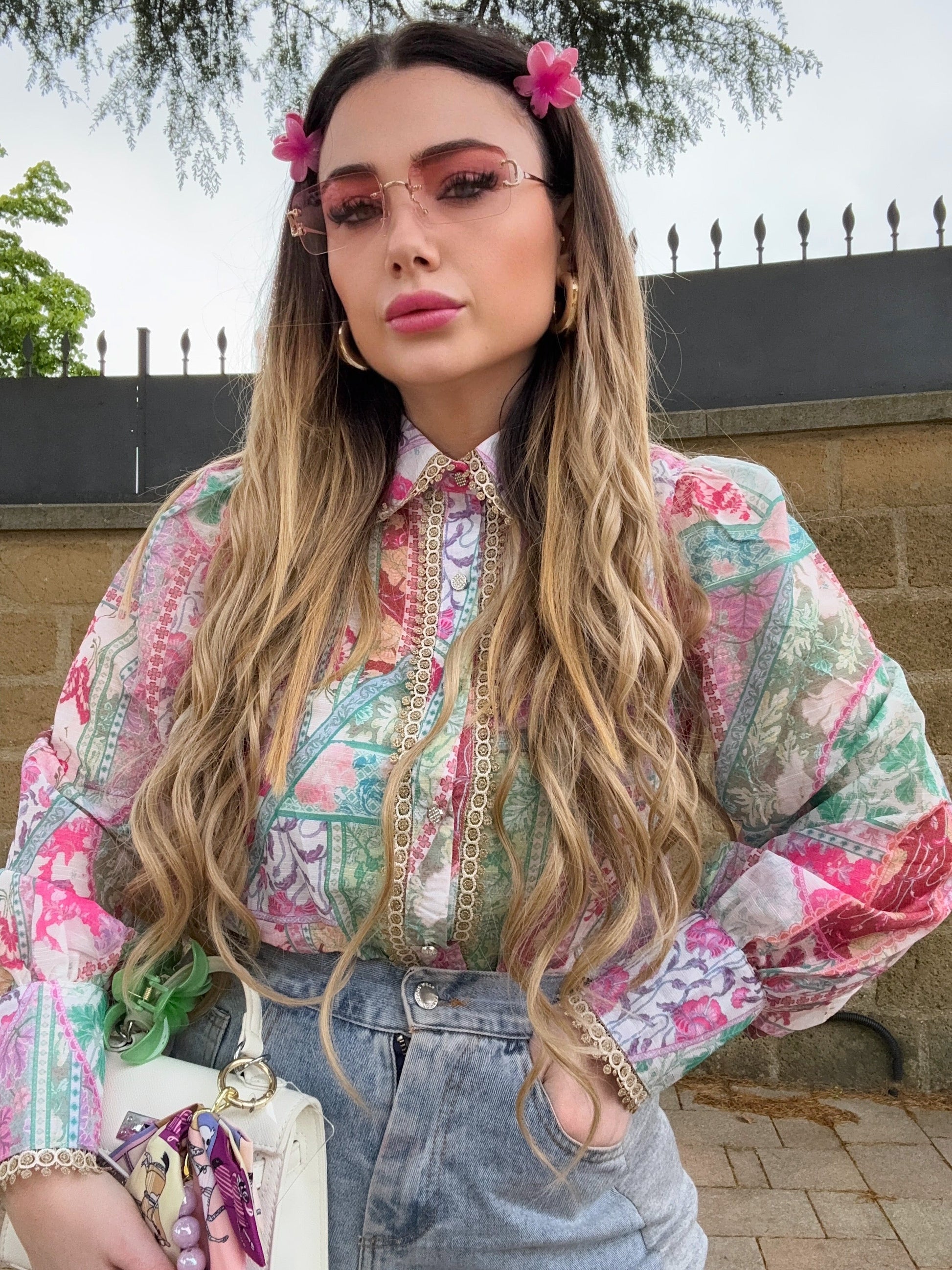 Camicia verde Fuxia con dettaglio oro