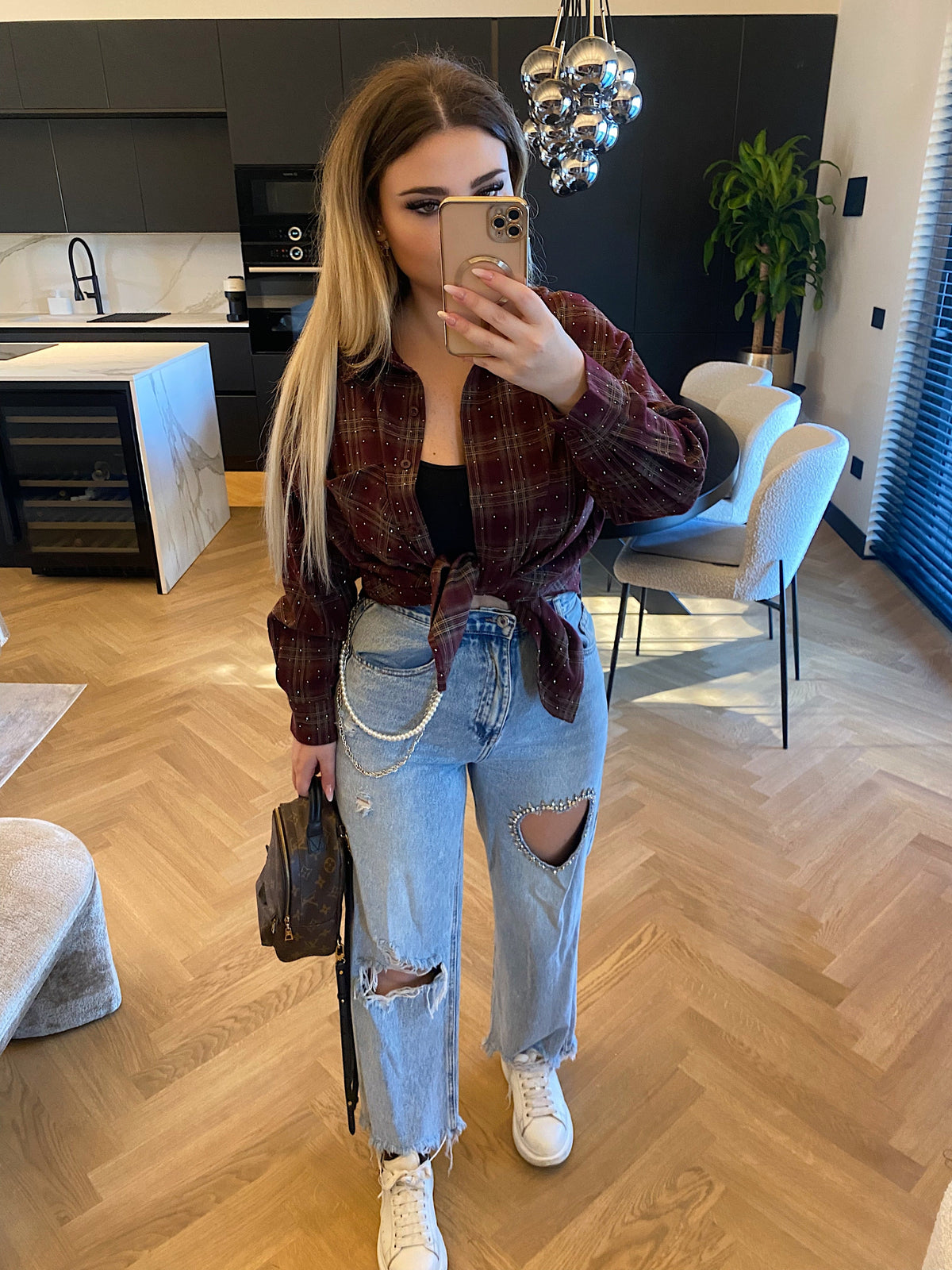 Camicia check burgundy con strass